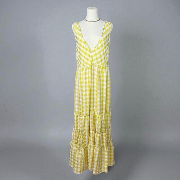 Free People Yellow Gingham Maxi Dress | Boho Western Tiered Ruffle | Large - Picture 2 of 12